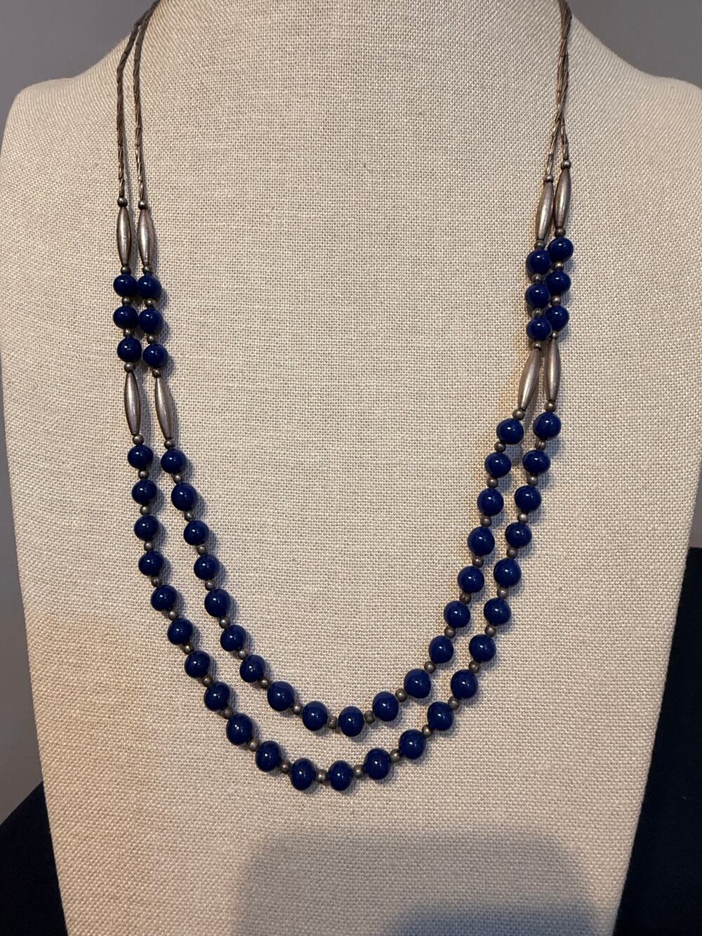 Vintage Blue Beaded Double Strand Necklace 38”